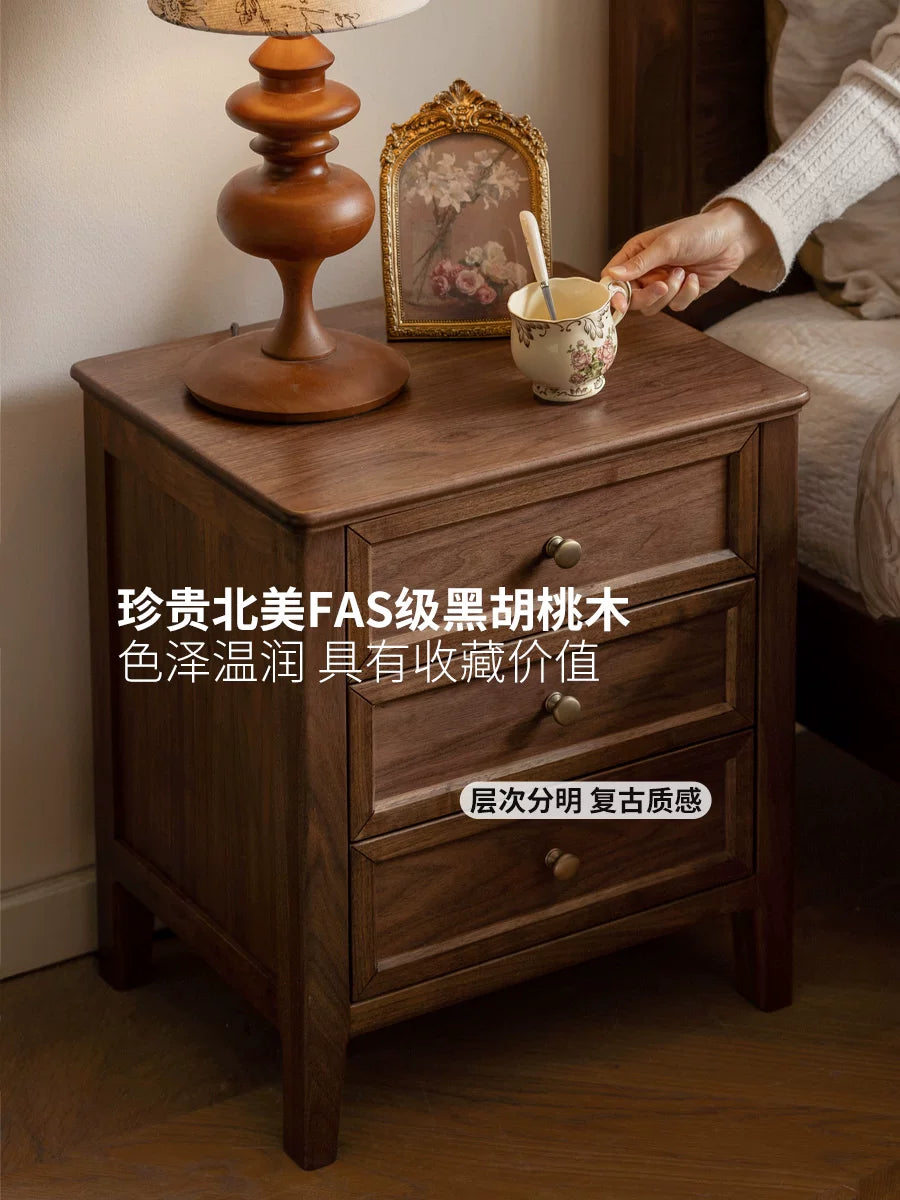 实木床头柜卧室美式复古床边柜黑胡桃木简约收纳抽屉柜